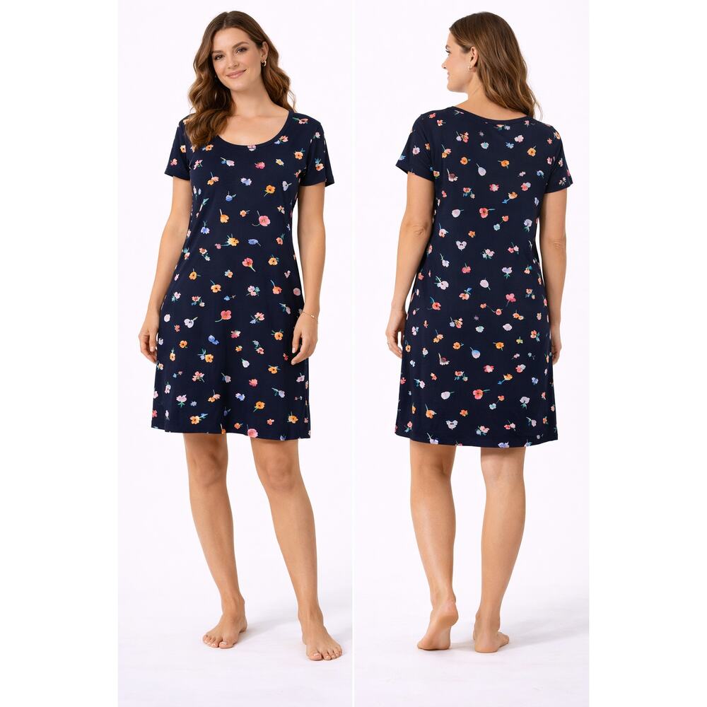 Cuddl Duds Women’s Lounge Dress Large Navy Floral Soft Stretch Casual Sleepwear